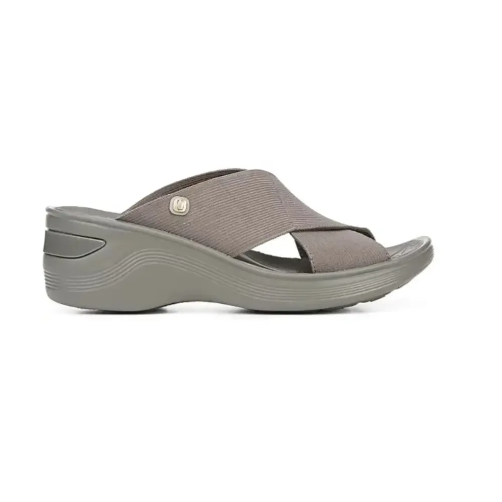 BZEES WOMEN'S WASHABLE SLIDE WEDGE SANDAL TAUPE BROWN STRETCH FABRIC 9W WIDE